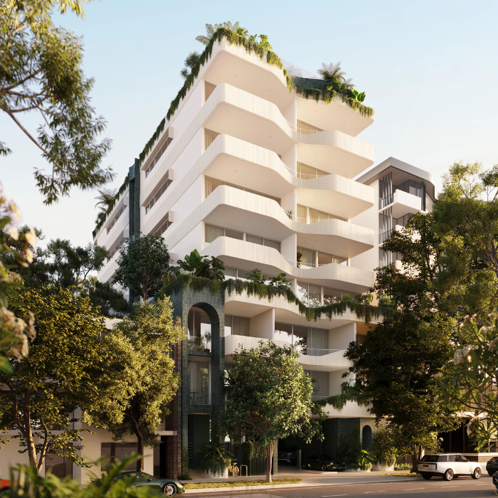 Construction site of Ducale, an eight-storey luxury residential development at 33 Wyandra Street, Teneriffe, Brisbane. The building features a sculptural design inspired by the Brisbane River. Proudly built by Melrose.
